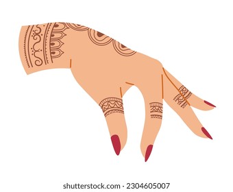 Female hand with henna tattoo design or drawing, isolated woman arm with geometric and natural ornaments and motifs. Tropical shrub powder, oriental culture and traditions. Vector in flat style