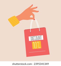 Female hand hold colorful shopping or gift bags with discount. Sale sign. Shopping sale concept for banner. Vector
