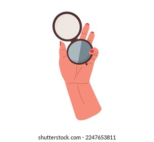 La mano hembra sostiene un espejo redondo compacto con polvo de color azul. maquillaje,productos decorativos para cara.Ilustración plana vectorial aislada en fondo blanco.