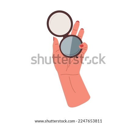 Female hand hold compact round mirror with powder in blue color. Make up,decorative products for face.Vector flat illustration isolated on white background.