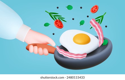 Sartén de mano femenina. concepto de cocina 3d. Mujer cocinar el desayuno, huevos fritos con tocino verdes, tomates y pimienta. Presentar Anuncio de Vector de alimentos realista