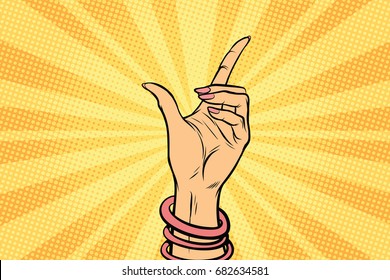 female hand hold gesture. Pop art retro comic book vector illustration