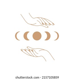 Female hand hold moon in different phases, mystic astrology. Hand drawn magic vintage sign, esoteric cult fairy card design. Abstract zodiac symbols, vector isolated illustration