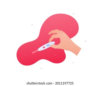 Prueba de ovulación de mano hembra sobre fondo rojo aislado en blanco. Ilustración vectorial de asistencia sanitaria plana. Diseño para la atención de la salud, farmacología, planificación familiar