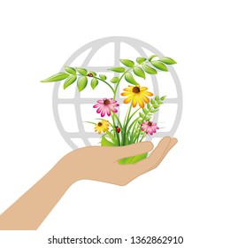 female hand hold plants and flowers for earth vector illustration EPS10