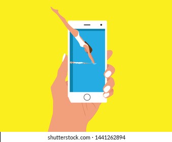 Female hand hold smartphone with woman jumping into the smartphone.
The smartphone looks like a pool .
 You can pretend like you're leaping into another dimension. Vector image.