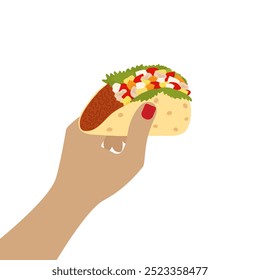 Female hand hold tacos Traditional Mexican fast food in hand. Tacos Day greeting design element idea