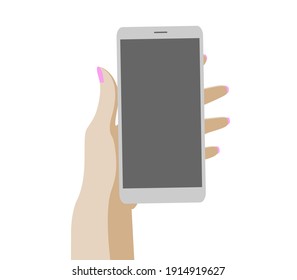 Female hand hold telephone on white background. Vector illustration in cartoon style.