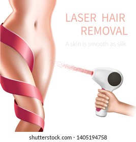 Female Hand Hold Working Laser Epilator at Young Woman Perfect Hairless Body with Lace on Leg and Smooth Silky Skin. Hair Laser Removal Beauty Procedure 3D Vector Realistic Illustration, Square Banner