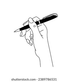 Female Hand holding ball pen. Human arm with writing tool. Line art drawing , Black monochrome outline Vector illustration on white background. Hand drawn icon.