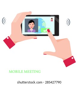 Female Hand Holding a Black Phone. Close-up Of Woman Having Video Chat With Man. Vector Flat Illustration.