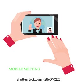 Female Hand Holding A Black Phone. Close-up Of Woman Having Video Chat With Man. Vector Flat Illustration. 