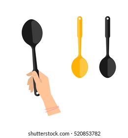 Female hand is holding black plastic spoon. Flat illustration of kitchen and cooking utensils. Vector element for web design and inforaphics.