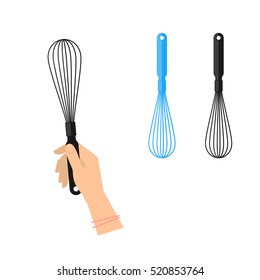 Female hand is holding black whisk. Flat illustration of kitchen and cooking utensils. Vector element for web design and inforaphics.