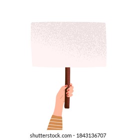 Female hand holding blank banner with a place for text. Activist with empty placard on stick for demonstration or protest isolated on white background. Vector illustration in flat cartoon style