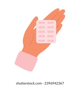 Female hand holding a blister with pills. Blister with Vitamins in woman’s hand. Healthcare, medicine concept. Vector 
