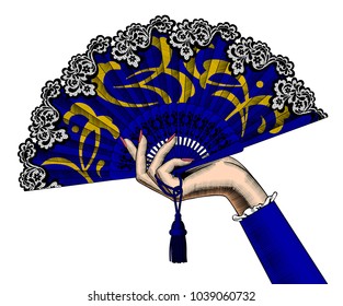 Female hand holding a blue open fan with yellow ornament isolated on white. Vintage color engraving stylized drawing. Vector illustration