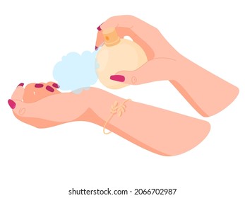 Female hand holding a bottle of perfume. Fragrances for your body, scents of nature. Natural body care. Vector illustration on a white background