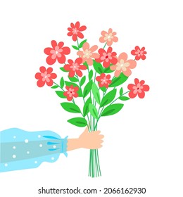 Female hand holding bouquet of bright blooming cute flowers on white background. Congratulations from woman, girl. Greeting card. Vector illustration in flat style. Side view.