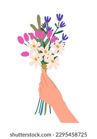 Female hand holding bouquet of delicate wild flowers, pink, white and blue. Elegant cut flowers. Beautiful spring or summer gift. Cartoon colorful vector illustration isolated on white background.