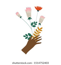 Female Hand Holding Bouquet of Flowers, Elegant Decorative Floral Design Element Vector Illustration