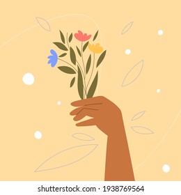 Female hand holding bouquet with flowers. Vector illustration, design for cosmetic packaging, spa studio