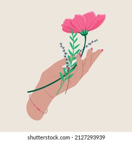 Female hand is holding a bouquet of flowers. Pink flower, with blooming blue twigs in the hand of a young girl. Flat illustration isolated background.