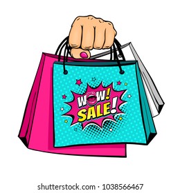 Female hand holding bright shopping bags and Wow sale speech bubble with open mouth, stars and halftone. Vector colorful hand drawn illustration in retro comic pop art style on white background.