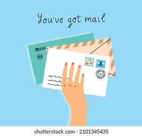 Female hand holding a bunch of letters with "You've got mail" message. Vector illustration of mail notification in modern flat style.