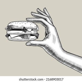 Female Hand Holding A Burger In The Fingers. Vintage Stylized Drawing. Vector Illustration