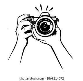 female hand holding camera on white background. Woman making photos with phrase. Black doodle for print t-shirt, package, web page, photography school, equipment store