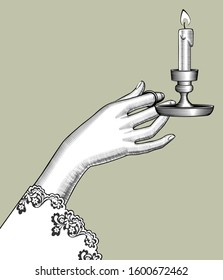 Female hand holding candlestick and burning candle  Vintage engraving stylized drawing  Vector illustration
