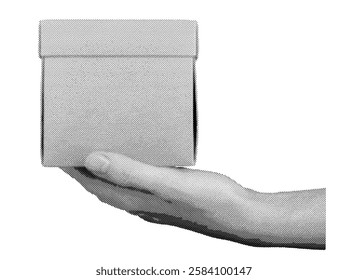 Female hand holding a cardboard package for delivery, shipping, or gift service. Blank paper box ready for courier or postal logistics. Isolated on white background.