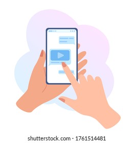 Female hand holding cell phone and chatting. Email, contacts, text message, network, navigation icons. Communication concept in blue colors on white background. Flat design vector