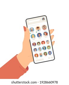 Female hand holding cell phone with Clubhouse app on screen flat vector illustration. Interface of new audio social network. Diversity of speakers and listeners cartoon avatars. Online topics