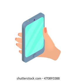 Female hand holding cellular phone icon in cartoon style isolated on white background. Device symbol