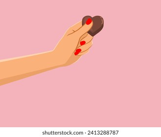 Female hand holding chocolate Vector Drawing. Girlfriend offering heart shaped dessert food as temptation