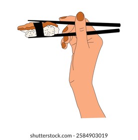 Female hand holding chopstick with sushi. Asian food design element. Flat colorful vector illustration isolated on white background