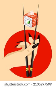 female hand holding chopsticks with sushi