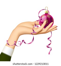 Female hand holding a Christmas tree ball with red ribbon isolated on white background. Vector illustration