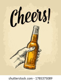 Botella abierta de cerveza y sosteniendo la mano de una mujer. Saludos al público por la escritura caligráfica a mano. Ilustración de grabado de color vectorial de vintage para afiches, invitación a fiesta sobre fondo beige