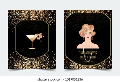 Female hand holding cocktail glass with  splash. Art deco (1920's style) vintage invitation template design for drink list, bar menu, glamour event, thematic wedding, jazz party flyer. Vector art.