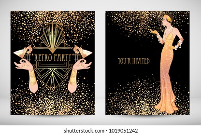 Female hand holding cocktail glass with  splash. Art deco (1920's style) vintage invitation template design for drink list, bar menu, glamour event, thematic wedding, jazz party flyer. Vector art.