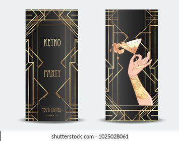 Female hand holding cocktail glass with  splash. Art deco (1920's style) vintage invitation template design for drink list, bar menu, glamour event, thematic wedding, jazz party flyer. Vector art.