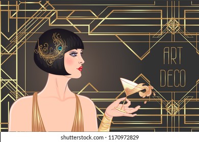 Weibliche Hand, die ein Cocktailglas mit Spritze hält. Art-Déco (Stil der 20er Jahre) Einladung-Design für Getränke-Liste, Bar-Menü, Glamour-Veranstaltung, thematische Hochzeit, Jazz-Party-Flyer. Vektorkunst.