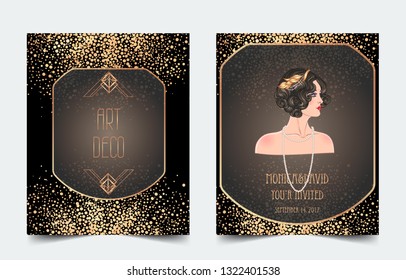 Female hand holding cocktail glass with splash. Art deco (1920's style) vintage invitation template design for drink list, bar menu, glamour event, thematic wedding, jazz party flyer. Vector art.