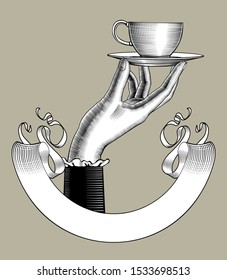 Female hand holding a coffee cup and retro ribbon banner. Vintage stylized drawing. Vector illustration