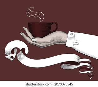 Female hand holding a coffee cup and retro ribbon banner. Vintage stylized drawing. Vector illustration