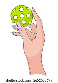 Female hand holding colorful pickleball ball with fingertips isolated on white background