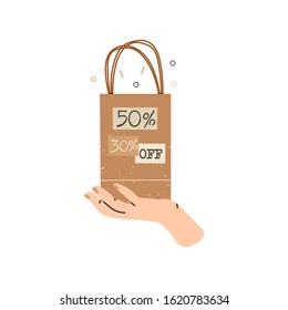 Female hand holding craft paper Shopping or gift Bag. Sale sign. Various percents. Sack for purchases, presents. Hand drawn vector illustration. Shopping, sale concept